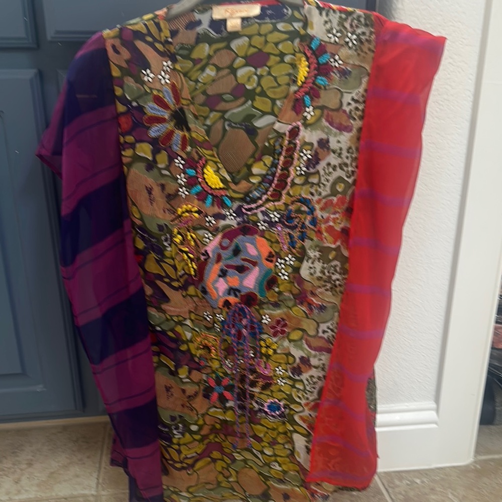 Colorful Patterned Silk Poncho blouse with Sheer Sleeves